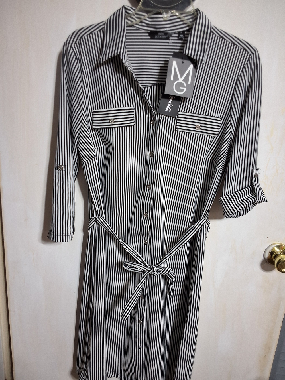 Mlle Gabrielle Black & White Vertical Stripe Midi Shirt Dress MP